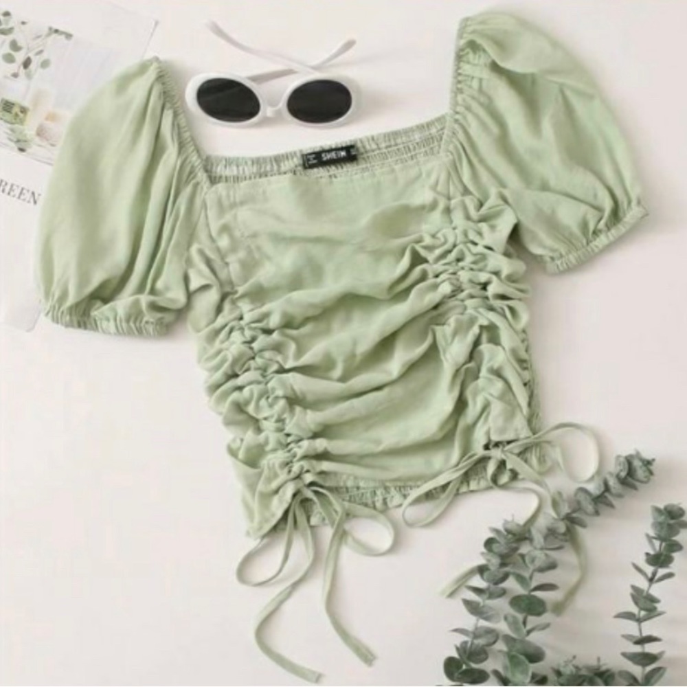 SHEIN ruched puff sleeve tie top